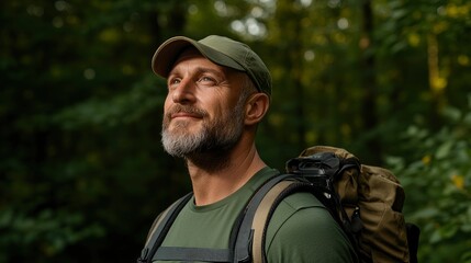 Fototapeta premium Bearded Man With Camera, Capturing Nature’S Beauty On A Hike