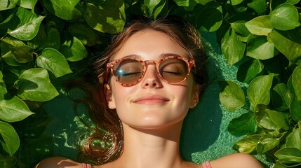 Beautiful Girl Relaxes In Garden With Pool, Summer Vibes