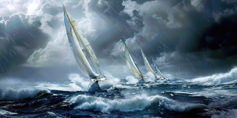 Three sailing yachts navigating through waves on a cloudy day at sea