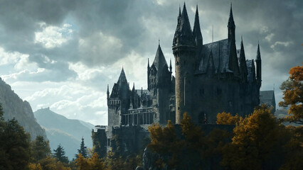 Naklejka premium Gothic-style castle with an airy view, mysterious nature, 16:9 widescreen, 300 dpi, with space for text