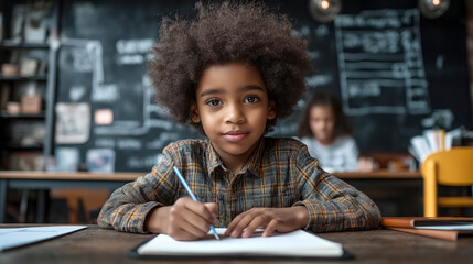 African American boy around 7 years old with curly hair, wearing a plaid shirt, focused and smiling slightly while writing in a notebook in a classroom with a blackboard in the background.

