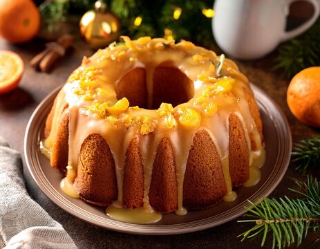 Winter citrus pound bundt cake with orange zest maple cirup syrup. Sweet Bundt Cake with Orange Maple Frosting