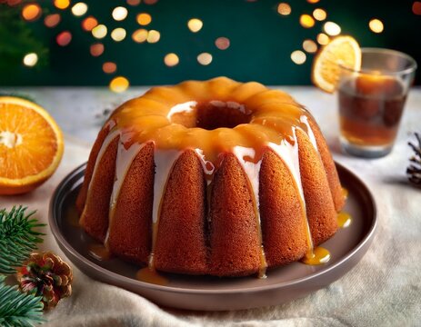 Winter citrus pound bundt cake with orange zest maple cirup syrup. Sweet Bundt Cake with Orange Maple Frosting