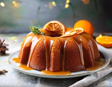 Winter citrus pound bundt cake with orange zest maple cirup syrup. Sweet Bundt Cake with Orange Maple Frosting