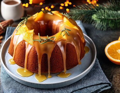 Winter citrus pound bundt cake with orange zest maple cirup syrup. Sweet Bundt Cake with Orange Maple Frosting