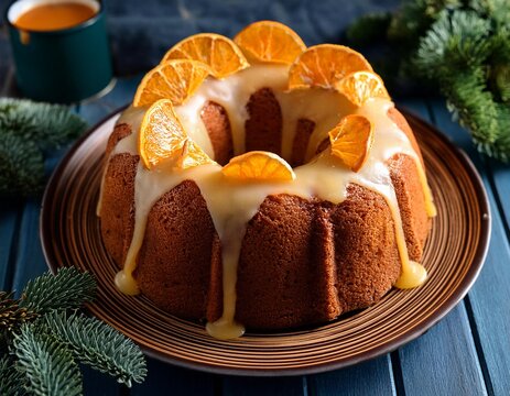 Winter citrus pound bundt cake with orange zest maple cirup syrup. Sweet Bundt Cake with Orange Maple Frosting