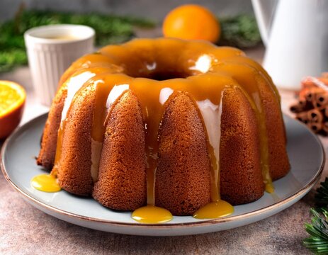 Winter citrus pound bundt cake with orange zest maple cirup syrup. Sweet Bundt Cake with Orange Maple Frosting