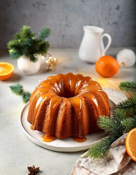 Winter citrus pound bundt cake with orange zest maple cirup syrup. Sweet Bundt Cake with Orange Maple Frosting