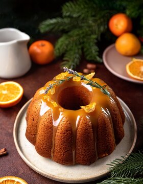Winter citrus pound bundt cake with orange zest maple cirup syrup. Sweet Bundt Cake with Orange Maple Frosting