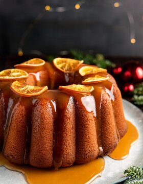 Winter citrus pound bundt cake with orange zest maple cirup syrup. Sweet Bundt Cake with Orange Maple Frosting