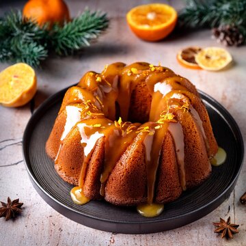 Winter citrus pound bundt cake with orange zest maple cirup syrup. Sweet Bundt Cake with Orange Maple Frosting