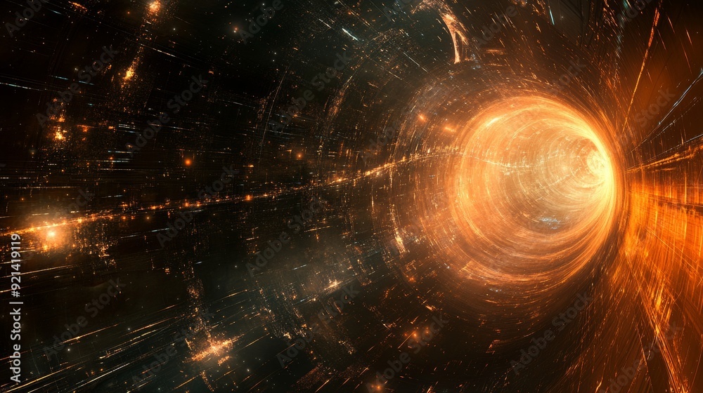 Wall mural abstract glowing wormhole in deep space with bright light at its core, representing the concept of t
