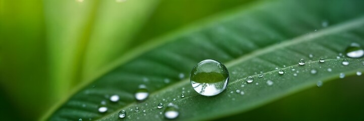 droplet of water resting on a leaf, with droplets spreading outwards from the central droplet.