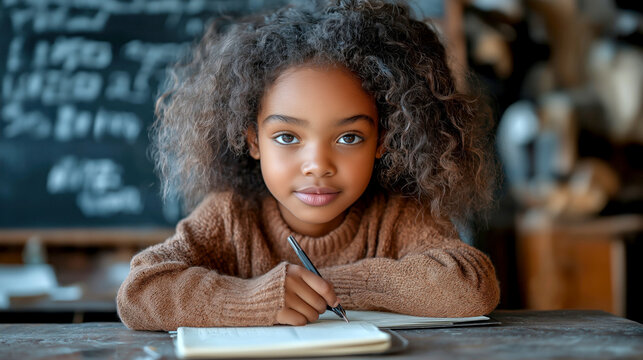 African American girl around 7 years old with curly hair, wearing a brown sweater, focused while writing in a notebook in a classroom setting.
