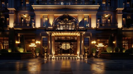 Fototapeta premium A lavish hotel facade glows at night, showcasing ornate architectural features and inviting ambiance