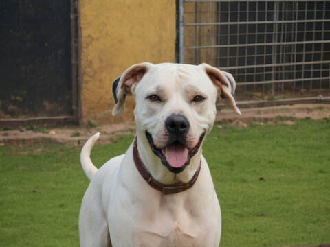Young white cream asian pakistani indian bully kutta molosser bulldog dog on green grass and brown hard soil ground on cloudy day on clear spacious terrain kennel breeding facilities background.