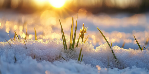 Green grass growing under melting snow at sunrise, end of winter, spring snow melt and plants waking up