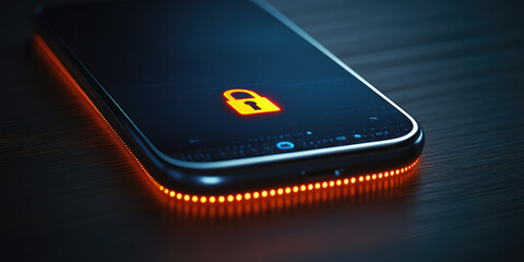 Smartphone with lock glowing icon on digital modern 3d background, security and data protection in technology 