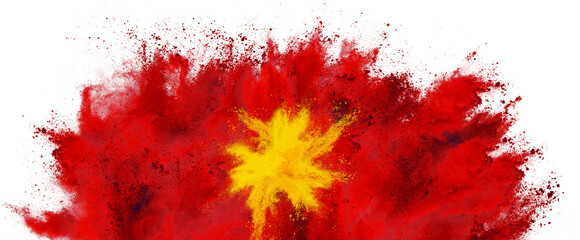 colorful flag of vietnam with yellow star on red color holi paint powder explosion isolated on white background.  asia vietnamese travel and tourism concept.