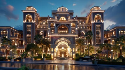 Fototapeta premium A stunning hotel entrance glows in the evening, framed by palm trees and beautiful architectural details