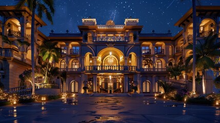 The grand mansion showcases elegant architecture under a starry sky surrounded by palm trees