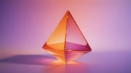 4K high detail glass colorful tetrahedron figure on gradient background in orange and purple colors.

