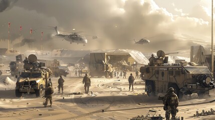 Soldiers and vehicles are engaged in a military operation amidst swirling dust and helicopters in the background
