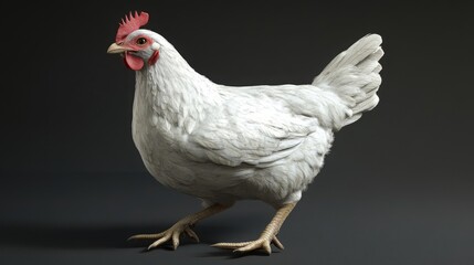 A white chicken stands on a dark grey background, its head turned slightly to the side. The bird has a red comb and wattle.