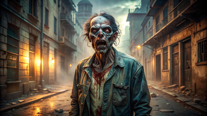 Terrifying zombie in a post-apocalyptic city street at dusk