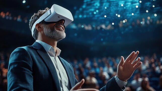 Vr experience senior business manager man attend meeting wearing vr virtual glasses standing in auditorium convention hall theatre with crowd of business people background, 
