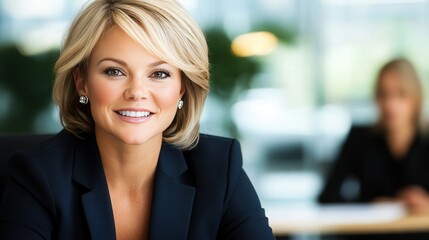 Fototapeta premium Smiling Female business manager Interviewing an Applicant, executive office background, copy space