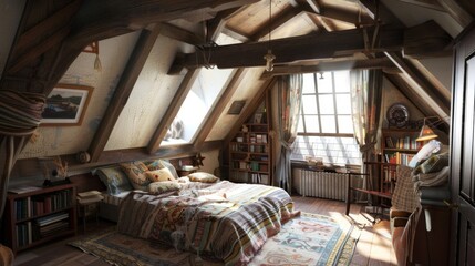 A charming attic bedroom with exposed beams, cozy bedding, and whimsical decor, offering a unique and inviting retreat.