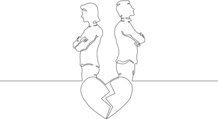 A quarrel between lovers. A man and a woman stand with their backs to each other. A broken heart. Parting. A symbol of love.One continuous line. Line art. Minimum one line. White background. One line