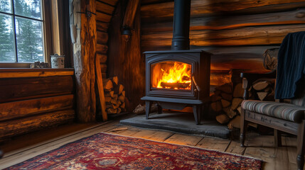 A cozy cabin with a roaring fire in a traditional wood stove.