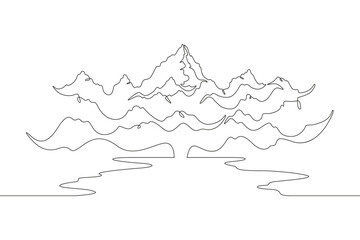 Mountain landscape with a lake. Rocks near the water. Mountain lake. Sea bay.One continuous line. Line art. Minimum one line. White background. One line drawing.