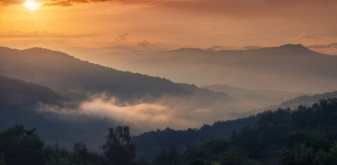 Serene landscape of Tara valley at sunrise, with fog rolling over the mountains and soft sunlight illuminating the scenery, perfect for nature lovers and travelers.