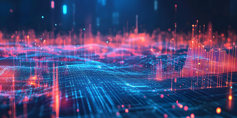 abstract dark blue background with many orange rays and dots pointing upward. neon colors