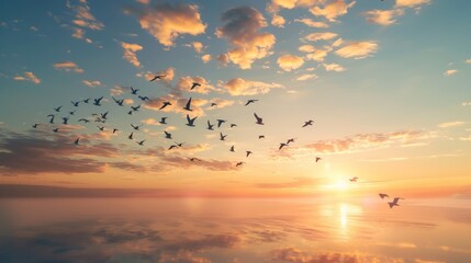 Obraz premium A flock of birds taking flight against a sunrise sky, symbolizing the freedom of movement and the beauty of nature freedom.