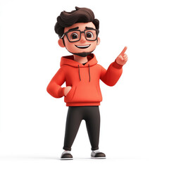 3D cartoon, A smiling male teacher with glasses, is pointing to the right side of his body. on white background