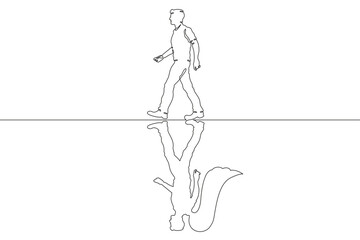 A man is walking. Reflection in the form of an angel with wings. Portrait with reflection on the ground.One continuous line. Line art. Minimum one line. White background. One line drawing.