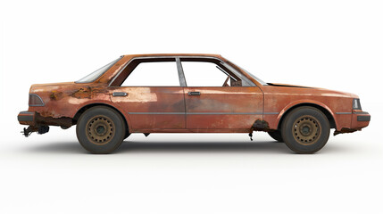 Side view of a rusty, abandoned car on white background, illustrating vehicle decay, weathering, and the passage of time in automotive context.