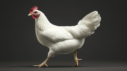 A white chicken with a red comb and wattle is walking on a dark grey background.