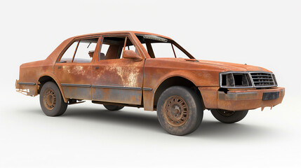 Side view of a rusty, abandoned car on white background, illustrating vehicle decay, weathering, and the passage of time in automotive context.