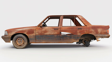 Side view of a rusty, abandoned car on white background, illustrating vehicle decay, weathering, and the passage of time in automotive context.