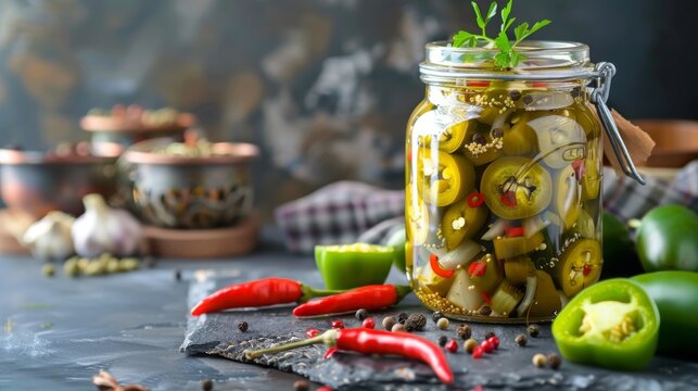 A jar of pickled jalap on a kitchen counter, surrounded by fresh peppers and spices, showcasing the spicy and tangy elements of pickling.