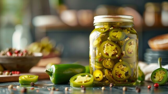 A jar of pickled jalap on a kitchen counter, surrounded by fresh peppers and spices, showcasing the spicy and tangy elements of pickling.