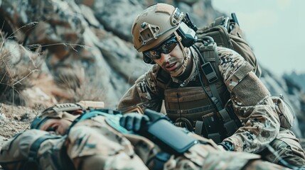 Obraz premium A soldier tends to an injured teammate in a rugged outdoor environment