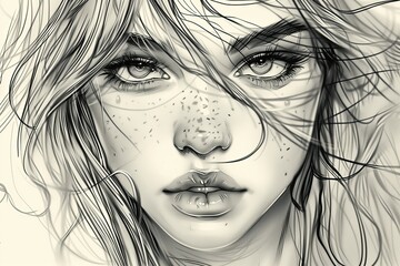 Fototapeta premium Portrait of a pretty girl in black and white in comic style, ideal for an avatar or other uses