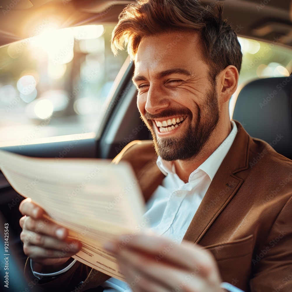 Poster A man smiles while reading a document in his car. AI.