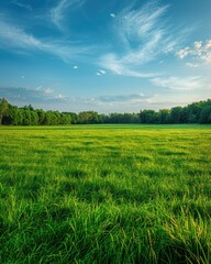 Obraz premium A vast field of green grass under a blue sky with white clouds. AI.